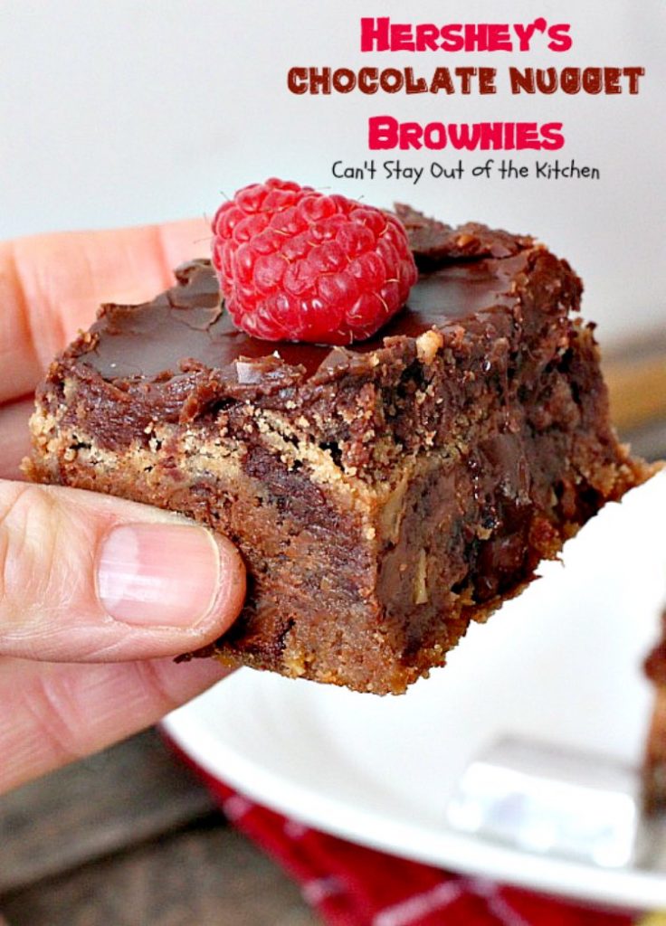 Hershey's Chocolate Nugget Brownies | Can't Stay Out of the Kitchen | these #brownies are awesome! They're filled with #Hershey's nuggets & topped with a #chocolate #fudge icing. Rich, decadent, amazing #dessert!