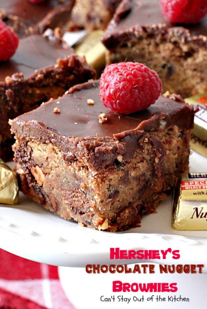 Hershey's Chocolate Nugget Brownies | Can't Stay Out of the Kitchen | these #brownies are awesome! They're filled with #Hershey's nuggets & topped with a #chocolate #fudge icing. Rich, decadent, amazing #dessert!