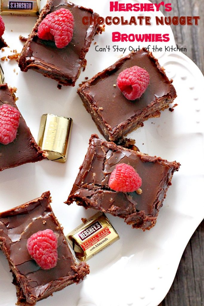 Hershey's Chocolate Nugget Brownies | Can't Stay Out of the Kitchen | these #brownies are awesome! They're filled with #Hershey's nuggets & topped with a #chocolate #fudge icing. Rich, decadent, amazing #dessert!
