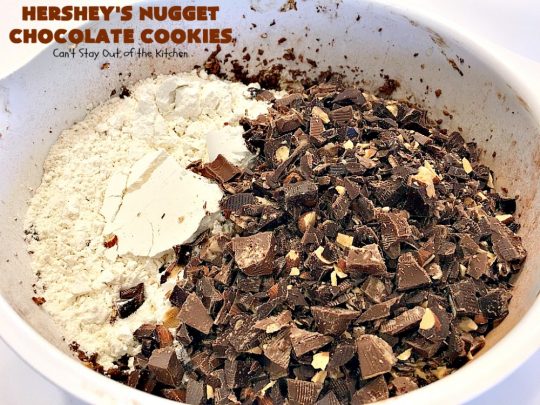 Hershey's Nugget Chocolate Cookies | Can't Stay Out of the Kitchen | these fantastic #chocolate #cookies have #HersheysNuggets added to the dough. Terrific way to use up #Halloween candy. #dessert