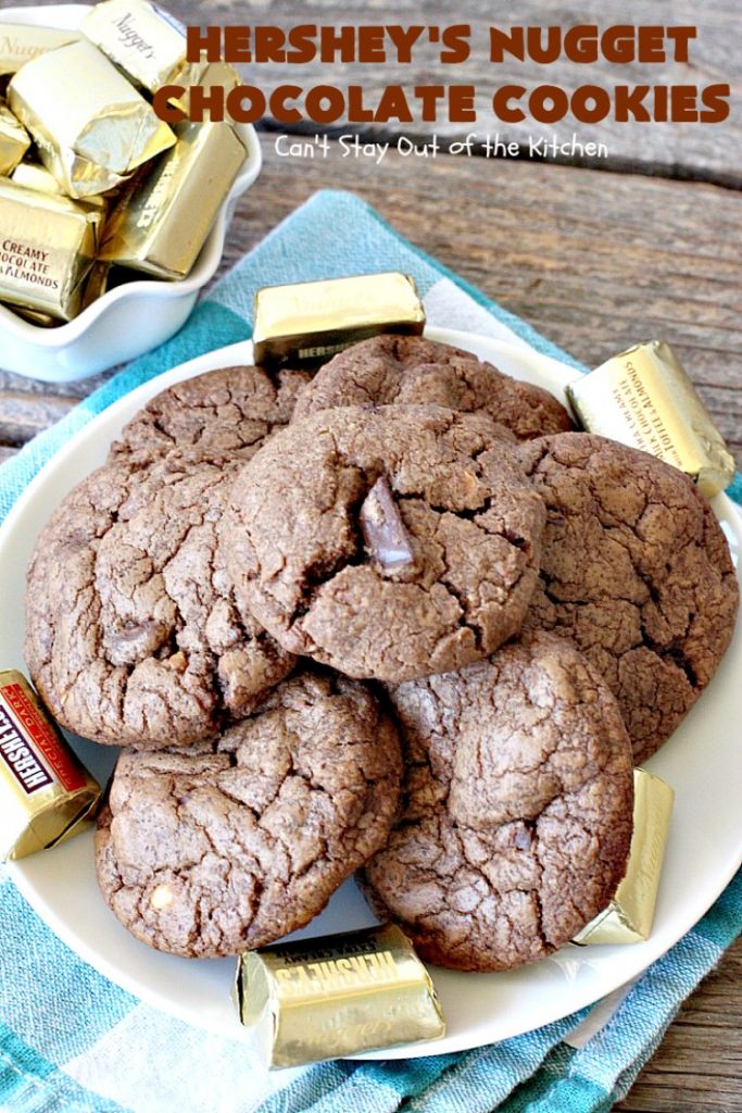 Hershey's Nugget Chocolate Cookies | Can't Stay Out of the Kitchen | these fantastic #chocolate #cookies have #HersheysNuggets added to the dough. Terrific way to use up #Halloween candy. #dessert