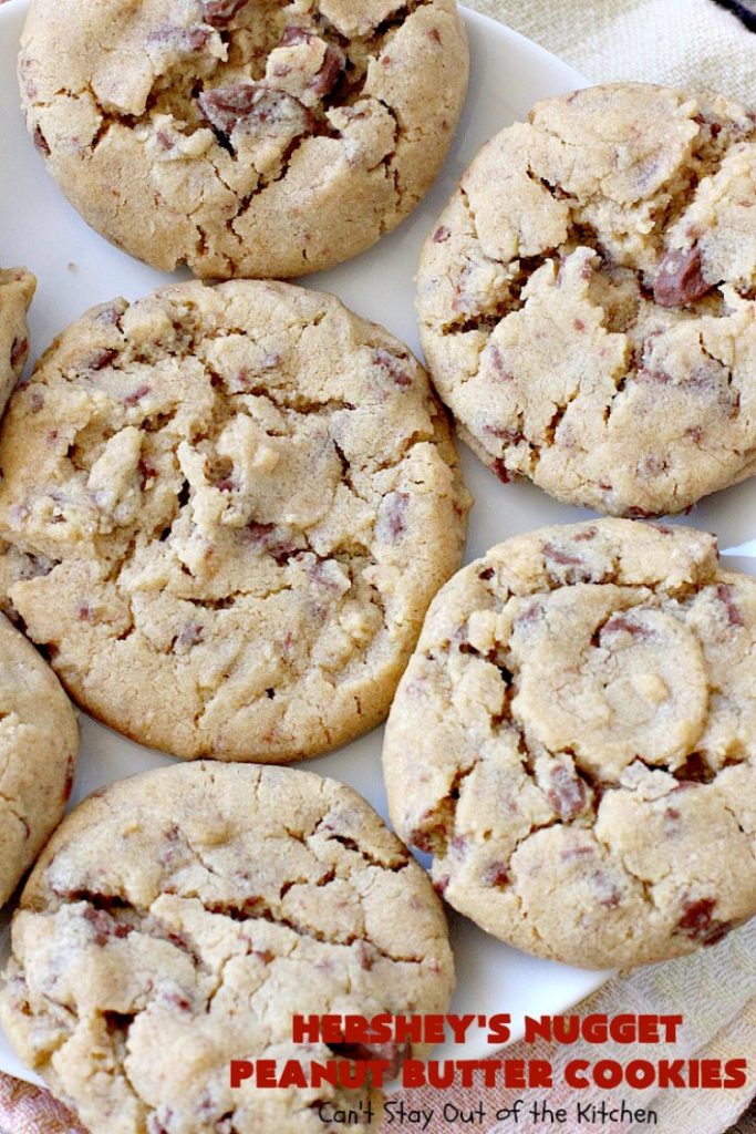 Hershey's Nugget Peanut Butter Cookies | Can't Stay Out of the Kitchen | favorite #peanutbutter #cookies with milk #chocolate #Hersheys Nuggets added! Amazing #dessert.