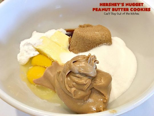 Hershey's Nugget Peanut Butter Cookies | Can't Stay Out of the Kitchen | favorite #peanutbutter #cookies with milk #chocolate #Hersheys Nuggets added! Amazing #dessert.
