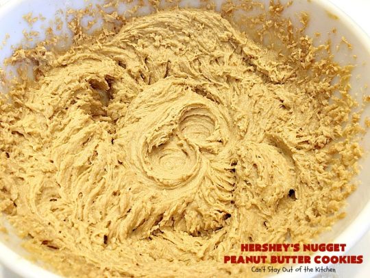 Hershey's Nugget Peanut Butter Cookies | Can't Stay Out of the Kitchen | favorite #peanutbutter #cookies with milk #chocolate #Hersheys Nuggets added! Amazing #dessert.