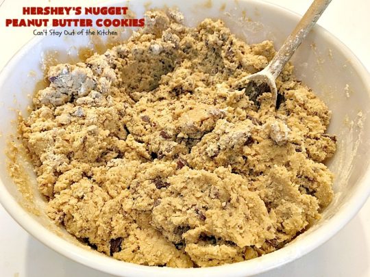 Hershey's Nugget Peanut Butter Cookies | Can't Stay Out of the Kitchen | favorite #peanutbutter #cookies with milk #chocolate #Hersheys Nuggets added! Amazing #dessert.