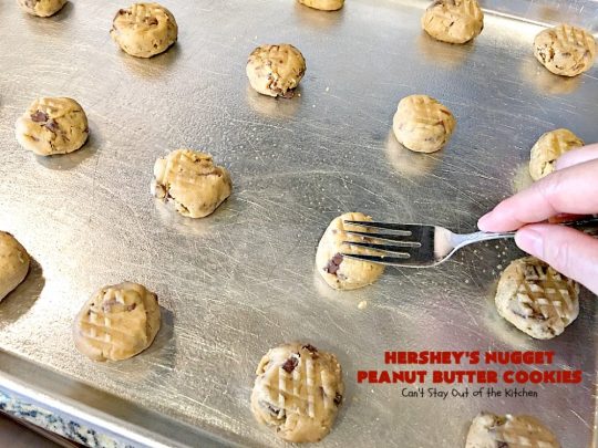 Hershey's Nugget Peanut Butter Cookies | Can't Stay Out of the Kitchen | favorite #peanutbutter #cookies with milk #chocolate #Hersheys Nuggets added! Amazing #dessert.