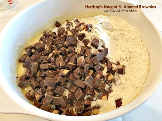 Hershey's Nugget and Almond Brownies | Can't Stay Out of the Kitchen | these decadent #brownies just dissolve in your mouth! #Hershey's candies make them a #chocolate lover's dream. #dessert