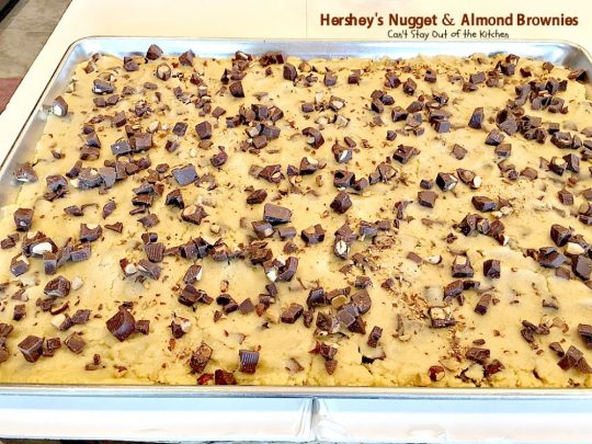 Hershey's Nugget and Almond Brownies | Can't Stay Out of the Kitchen | these decadent #brownies just dissolve in your mouth! #Hershey's candies make them a #chocolate lover's dream. #dessert
