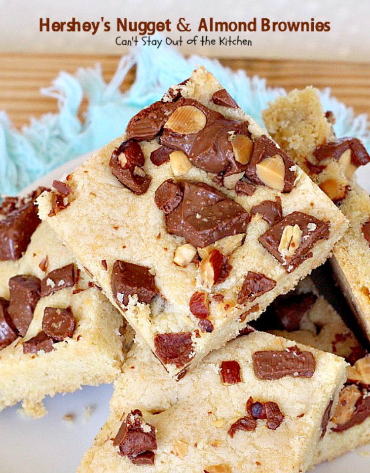 Hershey's Nugget and Almond Brownies | Can't Stay Out of the Kitchen | these decadent #brownies just dissolve in your mouth! #Hershey's candies make them a #chocolate lover's dream. #dessert