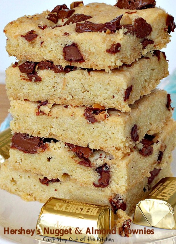 Hershey's Nugget and Almond Brownies | Can't Stay Out of the Kitchen | these decadent #brownies just dissolve in your mouth! #Hershey's candies make them a #chocolate lover's dream. #dessert
