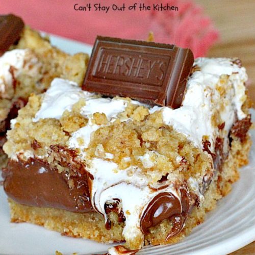 Hershey's S'Mores Bars | Can't Stay Out of the Kitchen | these outrageous #brownies are one of the most sensational, decadent #desserts you'll ever eat! We gorge ourselves on these! #chocolate #marshmallowcreme #Hershey'schocolatebars
