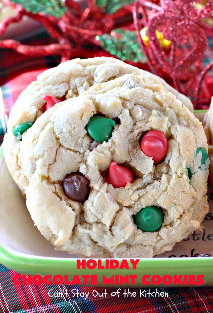 Holiday Chocolate Mint Cookies | Can't Stay Out of the Kitchen | these fantastic #cookies are loaded with #chocolate chips & #mint chips. This delectable #dessert is terrific for #holiday #baking & #Christmas #cookie exchanges. #ChristmasDessert #ChristmasCookieExchange #MintDessert #ChocolateDessert