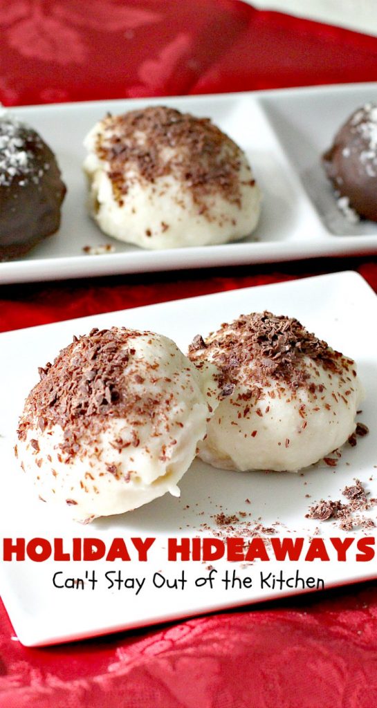 Holiday Hideaways | Can't Stay Out of the Kitchen | these scrumptious #cookies have a #maraschinocherry hidden inside each one! Then they're dunked in #chocolate or #vanilla bark before sprinkling with additional bark shavings. So festive & beautiful for #holiday or #Christmas #baking. #Christmas #ChristmasDessert #ChristmasCookieExchange #cherries #ChocolateDessert #CherryDessert #dessert