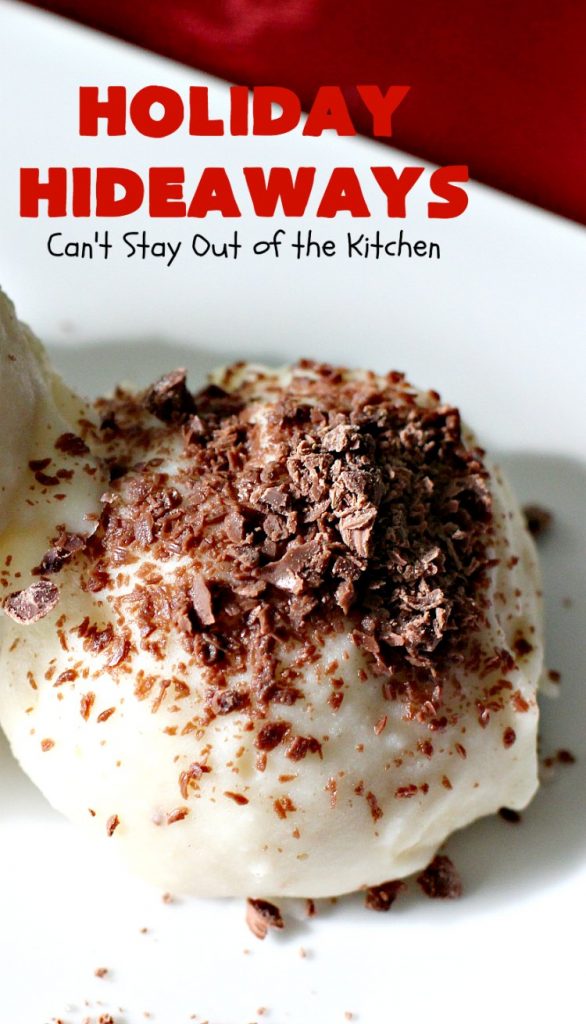 Holiday Hideaways | Can't Stay Out of the Kitchen | these scrumptious #cookies have a #maraschinocherry hidden inside each one! Then they're dunked in #chocolate or #vanilla bark before sprinkling with additional bark shavings. So festive & beautiful for #holiday or #Christmas #baking. #Christmas #ChristmasDessert #ChristmasCookieExchange #cherries #ChocolateDessert #CherryDessert #dessert
