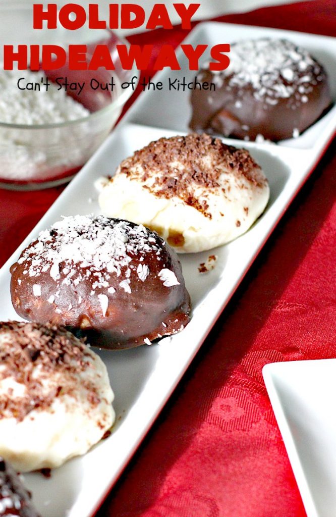 Holiday Hideaways | Can't Stay Out of the Kitchen | these scrumptious #cookies have a #maraschinocherry hidden inside each one! Then they're dunked in #chocolate or #vanilla bark before sprinkling with additional bark shavings. So festive & beautiful for #holiday or #Christmas #baking. #Christmas #ChristmasDessert #ChristmasCookieExchange #cherries #ChocolateDessert #CherryDessert #dessert