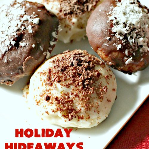 Holiday Hideaways | Can't Stay Out of the Kitchen | these scrumptious #cookies have a #maraschinocherry hidden inside each one! Then they're dunked in #chocolate or #vanilla bark before sprinkling with additional bark shavings. So festive & beautiful for #holiday or #Christmas #baking. #Christmas #ChristmasDessert #ChristmasCookieExchange #cherries #ChocolateDessert #CherryDessert #dessert