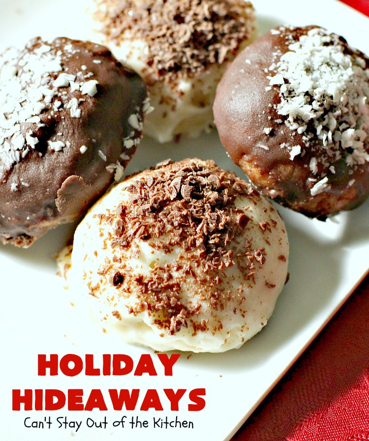 Holiday Hideaways | Can't Stay Out of the Kitchen | these scrumptious #cookies have a #maraschinocherry hidden inside each one! Then they're dunked in #chocolate or #vanilla bark before sprinkling with additional bark shavings. So festive & beautiful for #holiday or #Christmas #baking. #Christmas #ChristmasDessert #ChristmasCookieExchange #cherries #ChocolateDessert #CherryDessert #dessert
