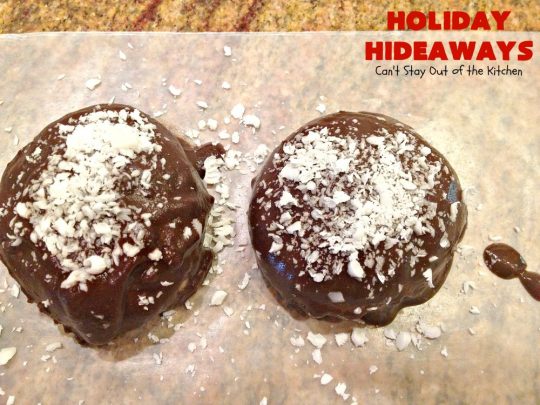 Holiday Hideaways | Can't Stay Out of the Kitchen | these scrumptious #cookies have a #maraschinocherry hidden inside each one! Then they're dunked in #chocolate or #vanilla bark before sprinkling with additional bark shavings. So festive & beautiful for #holiday or #Christmas #baking. #Christmas #ChristmasDessert #ChristmasCookieExchange #cherries #ChocolateDessert #CherryDessert #dessert