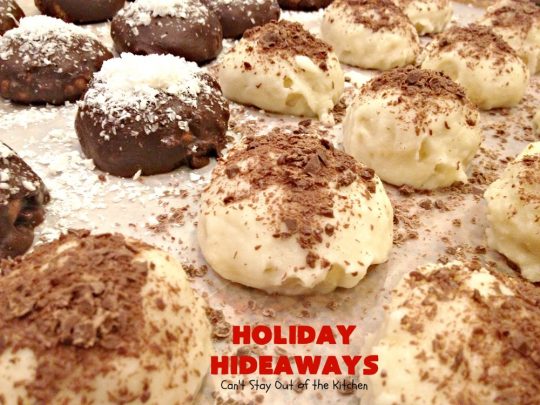 Holiday Hideaways | Can't Stay Out of the Kitchen | these scrumptious #cookies have a #maraschinocherry hidden inside each one! Then they're dunked in #chocolate or #vanilla bark before sprinkling with additional bark shavings. So festive & beautiful for #holiday or #Christmas #baking. #Christmas #ChristmasDessert #ChristmasCookieExchange #cherries #ChocolateDessert #CherryDessert #dessert