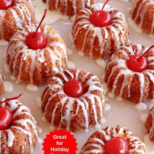 Holiday Sour Cream Pound Cake | Can't Stay Out of the Kitchen | this lovely #PoundCake includes #almond flavoring & #FruitcakeMix in the batter. It's made in miniature #bundt pans & makes a terrific #Christmas gift for friends & neighbors. So many people have told us how much they enjoyed this scrumptious #cake. #SourCreamPoundCake #dessert #ParadiseFruitCompany #HolidayDessert #ParadiseCandiedFruit #CherryDessert #HolidaySourCreamPoundCake