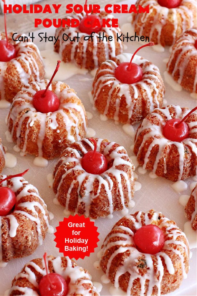 Holiday Sour Cream Pound Cake | Can't Stay Out of the Kitchen | this lovely #PoundCake includes #almond flavoring & #FruitcakeMix in the batter. It's made in miniature #bundt pans & makes a terrific #Christmas gift for friends & neighbors. So many people have told us how much they enjoyed this scrumptious #cake. #SourCreamPoundCake #dessert #ParadiseFruitCompany #HolidayDessert #ParadiseCandiedFruit #CherryDessert #HolidaySourCreamPoundCake
