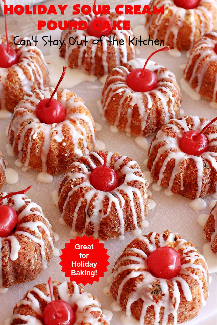 Holiday Sour Cream Pound Cake | Can't Stay Out of the Kitchen | this lovely #PoundCake includes #almond flavoring & #FruitcakeMix in the batter. It's made in miniature #bundt pans & makes a terrific #Christmas gift for friends & neighbors. So many people have told us how much they enjoyed this scrumptious #cake. #SourCreamPoundCake #dessert #ParadiseFruitCompany #HolidayDessert #ParadiseCandiedFruit #CherryDessert #HolidaySourCreamPoundCake