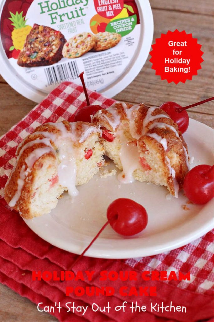 Holiday Sour Cream Pound Cake | Can't Stay Out of the Kitchen | this lovely #PoundCake includes #almond flavoring & #FruitcakeMix in the batter. It's made in miniature #bundt pans & makes a terrific #Christmas gift for friends & neighbors. So many people have told us how much they enjoyed this scrumptious #cake. #SourCreamPoundCake #dessert #ParadiseFruitCompany #HolidayDessert #ParadiseCandiedFruit #CherryDessert #HolidaySourCreamPoundCake