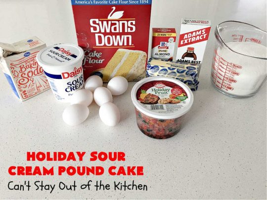 Holiday Sour Cream Pound Cake | Can't Stay Out of the Kitchen | this lovely #PoundCake includes #almond flavoring & #FruitcakeMix in the batter. It's made in miniature #bundt pans & makes a terrific #Christmas gift for friends & neighbors. So many people have told us how much they enjoyed this scrumptious #cake. #SourCreamPoundCake #dessert #ParadiseFruitCompany #HolidayDessert #ParadiseCandiedFruit #CherryDessert #HolidaySourCreamPoundCake