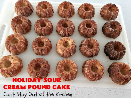 Holiday Sour Cream Pound Cake | Can't Stay Out of the Kitchen | this lovely #PoundCake includes #almond flavoring & #FruitcakeMix in the batter. It's made in miniature #bundt pans & makes a terrific #Christmas gift for friends & neighbors. So many people have told us how much they enjoyed this scrumptious #cake. #SourCreamPoundCake #dessert #ParadiseFruitCompany #HolidayDessert #ParadiseCandiedFruit #CherryDessert #HolidaySourCreamPoundCake