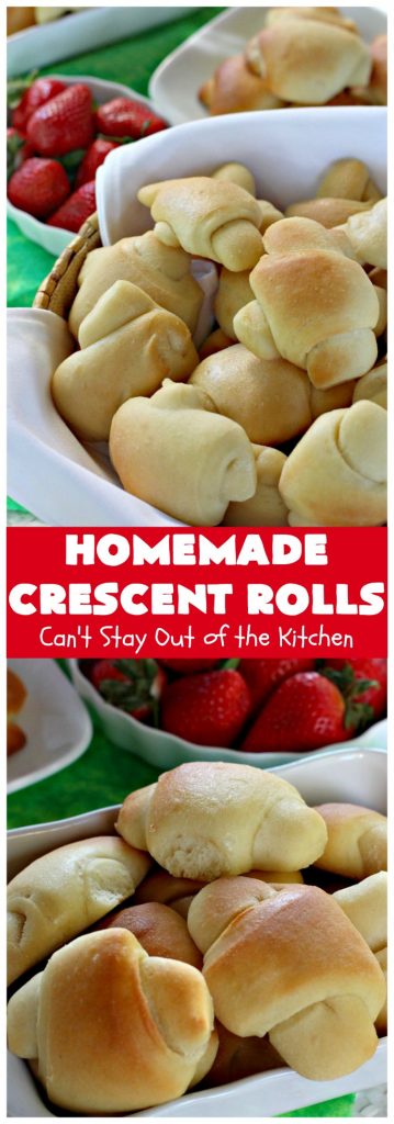 Homemade Crescent Rolls | Can't Stay Out of the Kitchen | these fantastic homemade #dinnerrolls can be made up a week in advance & stored in the refrigerator before baking. That makes them perfect for #holidays like #Thanksgiving or #Christmas. Make the #recipe a few days ahead & then roll out & bake the day you need them! #crescentrolls #bread #rolls #baking #homemadecrescentrolls #homemadedinnerrolls