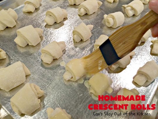 Homemade Crescent Rolls | Can't Stay Out of the Kitchen | these fantastic homemade #dinnerrolls can be made up a week in advance & stored in the refrigerator before baking. That makes them perfect for #holidays like #Thanksgiving or #Christmas. Make the #recipe a few days ahead & then roll out & bake the day you need them! #crescentrolls #bread #rolls #baking #homemadecrescentrolls #homemadedinnerrolls