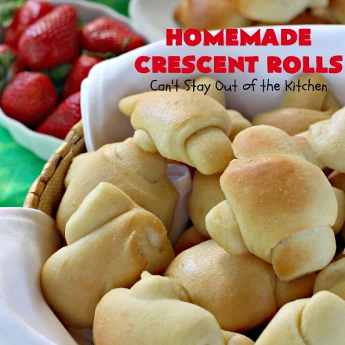 Homemade Crescent Rolls | Can't Stay Out of the Kitchen | these fantastic homemade #dinnerrolls can be made up a week in advance & stored in the refrigerator before baking. That makes them perfect for #holidays like #Thanksgiving or #Christmas. Make the #recipe a few days ahead & then roll out & bake the day you need them! #crescentrolls #bread #rolls #baking #homemadecrescentrolls #homemadedinnerrolls