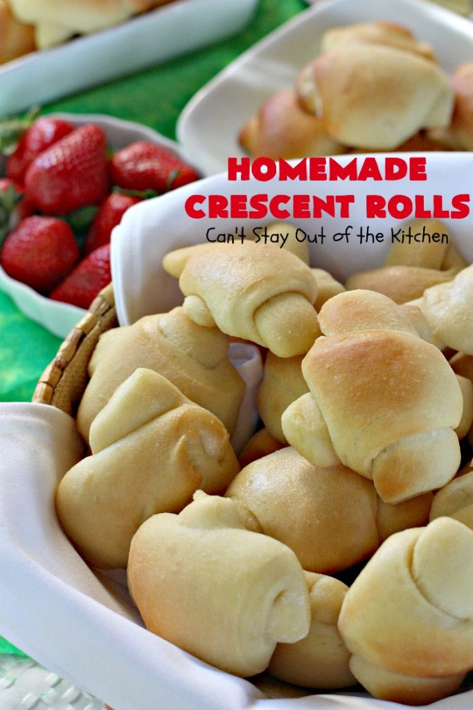 Homemade Crescent Rolls | Can't Stay Out of the Kitchen | these fantastic homemade #dinnerrolls can be made up a week in advance & stored in the refrigerator before baking. That makes them perfect for #holidays like #Thanksgiving or #Christmas. Make the #recipe a few days ahead & then roll out & bake the day you need them! #crescentrolls #bread #rolls #baking #homemadecrescentrolls #homemadedinnerrolls