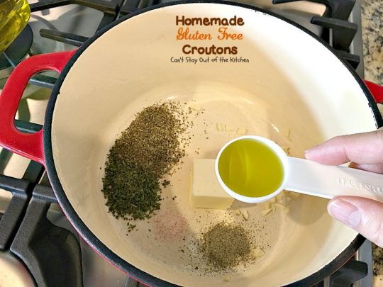 Homemade Gluten Free Croutons | Can't Stay Out of the Kitchen | these garlicky #croutons use #glutenfree bread, #Italianseasoning & parsley and are filled with flavor. So easy and delicious. Serve with your favorite #soup or #salad.