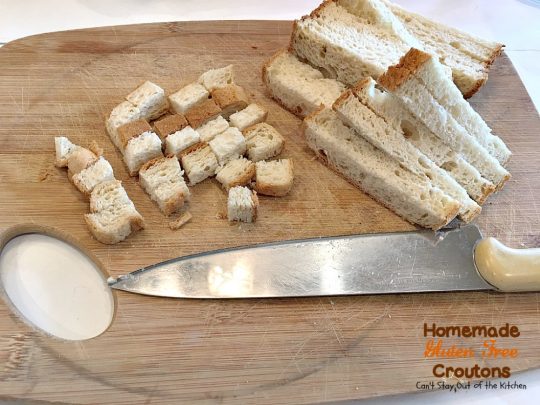 Homemade Gluten Free Croutons | Can't Stay Out of the Kitchen | these garlicky #croutons use #glutenfree bread, #Italianseasoning & parsley and are filled with flavor. So easy and delicious. Serve with your favorite #soup or #salad.