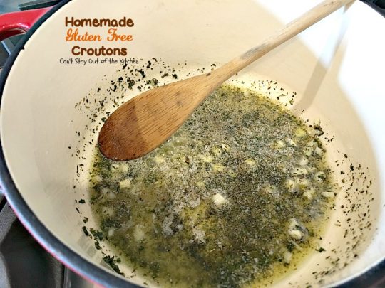Homemade Gluten Free Croutons | Can't Stay Out of the Kitchen | these garlicky #croutons use #glutenfree bread, #Italianseasoning & parsley and are filled with flavor. So easy and delicious. Serve with your favorite #soup or #salad.