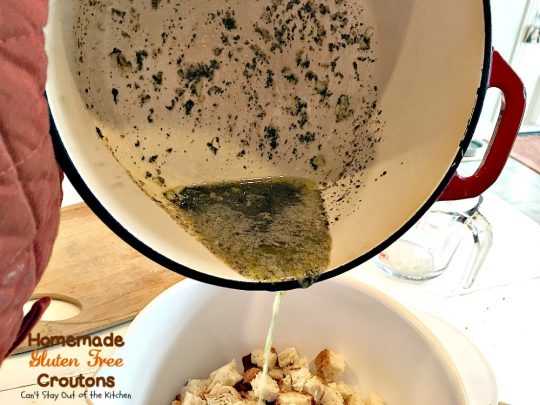 Homemade Gluten Free Croutons | Can't Stay Out of the Kitchen | these garlicky #croutons use #glutenfree bread, #Italianseasoning & parsley and are filled with flavor. So easy and delicious. Serve with your favorite #soup or #salad.