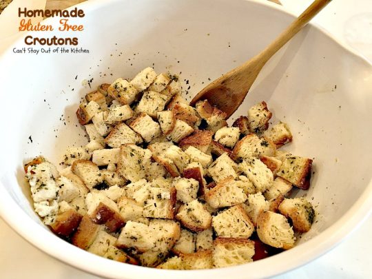 Homemade Gluten Free Croutons | Can't Stay Out of the Kitchen | these garlicky #croutons use #glutenfree bread, #Italianseasoning & parsley and are filled with flavor. So easy and delicious. Serve with your favorite #soup or #salad.
