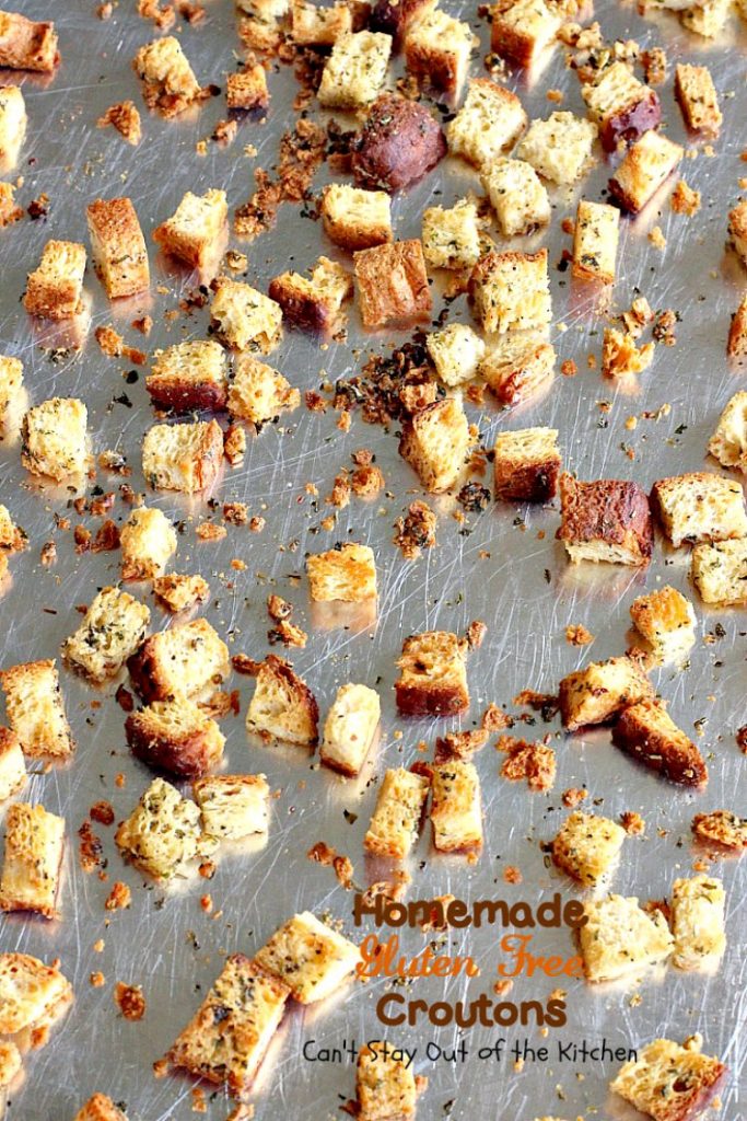 Homemade Gluten Free Croutons | Can't Stay Out of the Kitchen | these garlicky #croutons use #glutenfree bread, #Italianseasoning & parsley and are filled with flavor. So easy and delicious. Serve with your favorite #soup or #salad.
