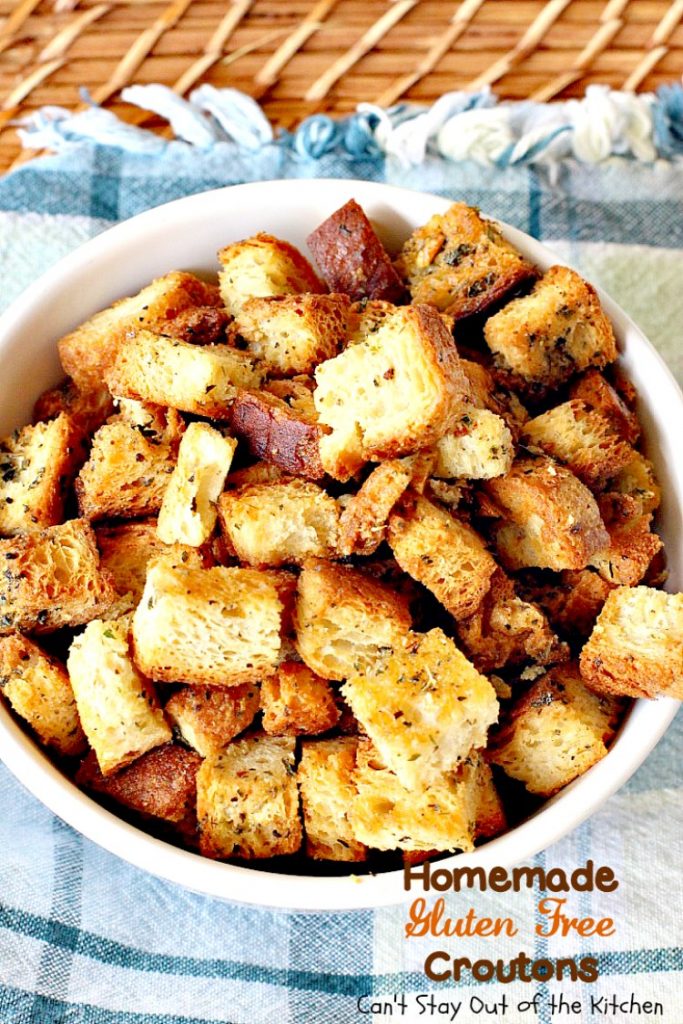 Homemade Gluten Free Croutons | Can't Stay Out of the Kitchen | these garlicky #croutons use #glutenfree bread, #Italianseasoning & parsley and are filled with flavor. So easy and delicious. Serve with your favorite #soup or #salad.