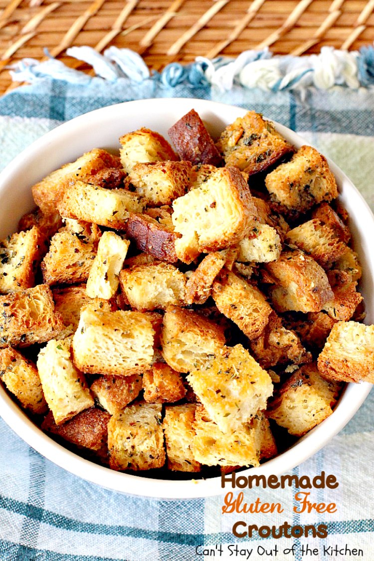 Homemade Gluten Free Croutons | Can't Stay Out of the Kitchen | these garlicky #croutons use #glutenfree bread, #Italianseasoning & parsley and are filled with flavor. So easy and delicious. Serve with your favorite #soup or #salad.