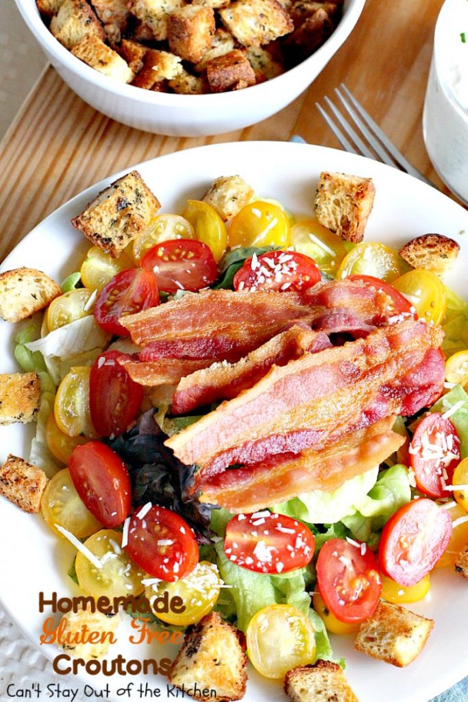 Homemade Gluten Free Croutons | Can't Stay Out of the Kitchen | these garlicky #croutons use #glutenfree bread, #Italianseasoning & parsley and are filled with flavor. So easy and delicious. Serve with your favorite #soup or #salad.