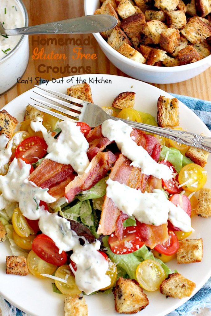 Homemade Gluten Free Croutons | Can't Stay Out of the Kitchen | these garlicky #croutons use #glutenfree bread, #Italianseasoning & parsley and are filled with flavor. So easy and delicious. Serve with your favorite #soup or #salad.