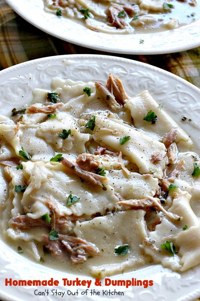 Homemade Turkey & Dumplings | Can't Stay Out of the Kitchen | my kid's favorite #soup when they were growing up. Succulent & delicious way to eat leftover #turkey. This one has step-by-step instructions for making homemade dumpling #noodles.