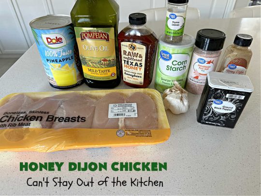 Honey Dijon Chicken | Can't Stay Out of the Kitchen | this savory & tasty #chicken #entree pops in flavor with #honey, seasonings, #DijonMustard & #PineappleJuice! You can bake this #recipe in the oven or use the stove-top method. It's a wonderful & easy chicken dish that can be served with or without #rice. Great for company dinners too. #ChickenThighs #GlutenFree #HoneyDijonChicken
