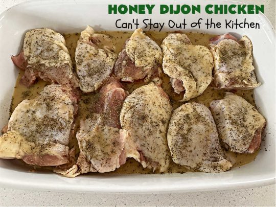 Honey Dijon Chicken | Can't Stay Out of the Kitchen | this savory & tasty #chicken #entree pops in flavor with #honey, seasonings, #DijonMustard & #PineappleJuice! You can bake this #recipe in the oven or use the stove-top method. It's a wonderful & easy chicken dish that can be served with or without #rice. Great for company dinners too. #ChickenThighs #GlutenFree #HoneyDijonChicken