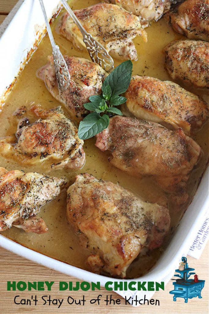 Honey Dijon Chicken | Can't Stay Out of the Kitchen | this savory & tasty #chicken #entree pops in flavor with #honey, seasonings, #DijonMustard & #PineappleJuice! You can bake this #recipe in the oven or use the stove-top method. It's a wonderful & easy chicken dish that can be served with or without #rice. Great for company dinners too. #ChickenThighs #GlutenFree #HoneyDijonChicken