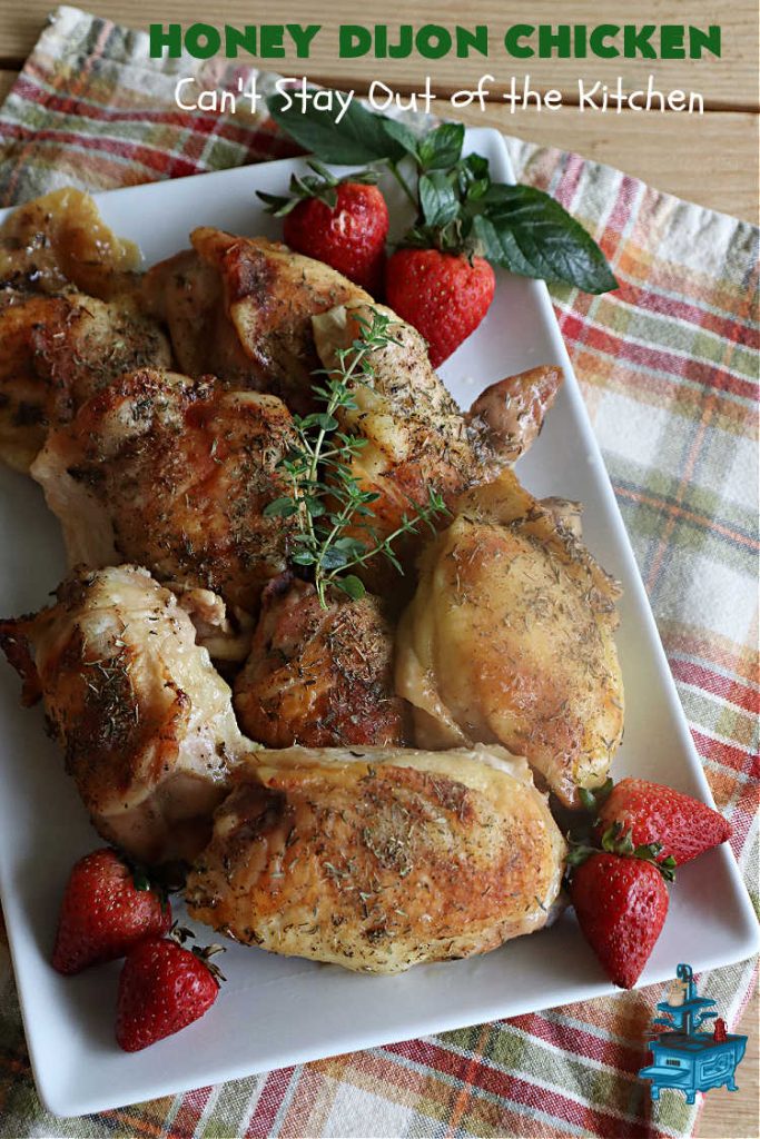 Honey Dijon Chicken | Can't Stay Out of the Kitchen | this savory & tasty #chicken #entree pops in flavor with #honey, seasonings, #DijonMustard & #PineappleJuice! You can bake this #recipe in the oven or use the stove-top method. It's a wonderful & easy chicken dish that can be served with or without #rice. Great for company dinners too. #ChickenThighs #GlutenFree #HoneyDijonChicken