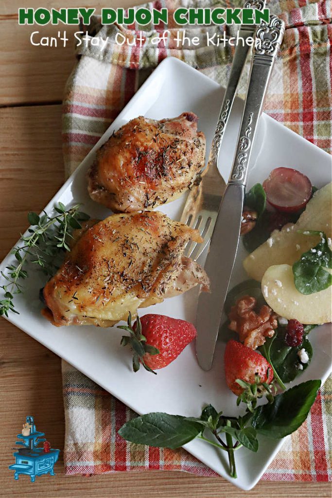 Honey Dijon Chicken | Can't Stay Out of the Kitchen | this savory & tasty #chicken #entree pops in flavor with #honey, seasonings, #DijonMustard & #PineappleJuice! You can bake this #recipe in the oven or use the stove-top method. It's a wonderful & easy chicken dish that can be served with or without #rice. Great for company dinners too. #ChickenThighs #GlutenFree #HoneyDijonChicken
