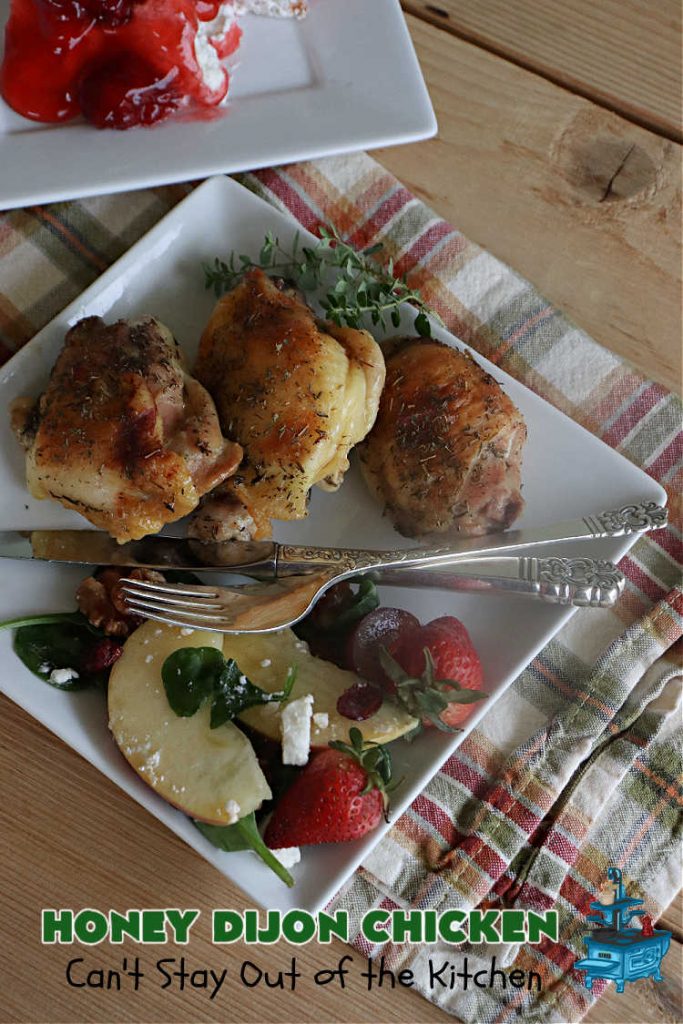 Honey Dijon Chicken | Can't Stay Out of the Kitchen | this savory & tasty #chicken #entree pops in flavor with #honey, seasonings, #DijonMustard & #PineappleJuice! You can bake this #recipe in the oven or use the stove-top method. It's a wonderful & easy chicken dish that can be served with or without #rice. Great for company dinners too. #ChickenThighs #GlutenFree #HoneyDijonChicken